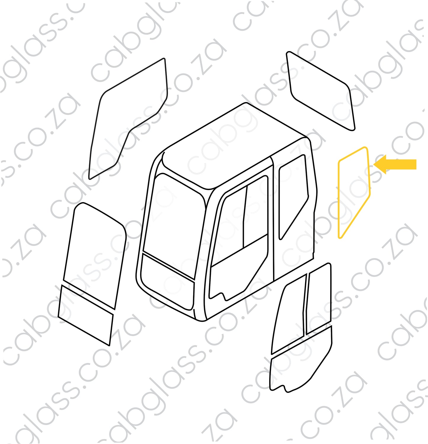 Cab sketch rear quarter Case excavator CX D series