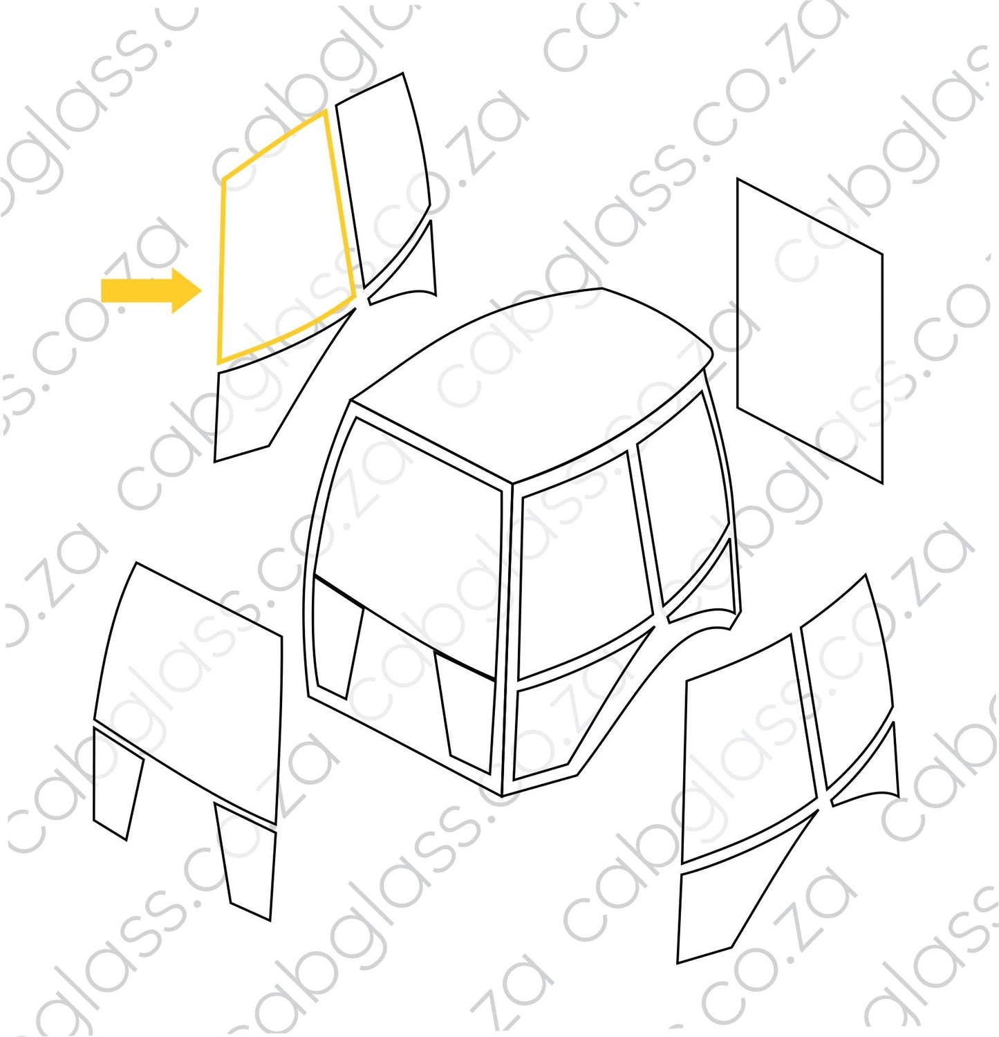 Diagram showing upper right door glass position on Caterpillar backhoe 416E–450F cab