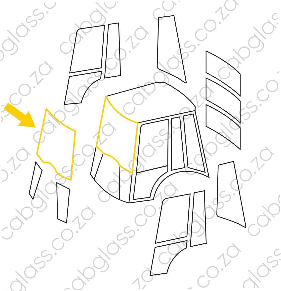 Cab sketch Bell TLB 315SH, Windscreen, T191071, T275629, T275629, T407463