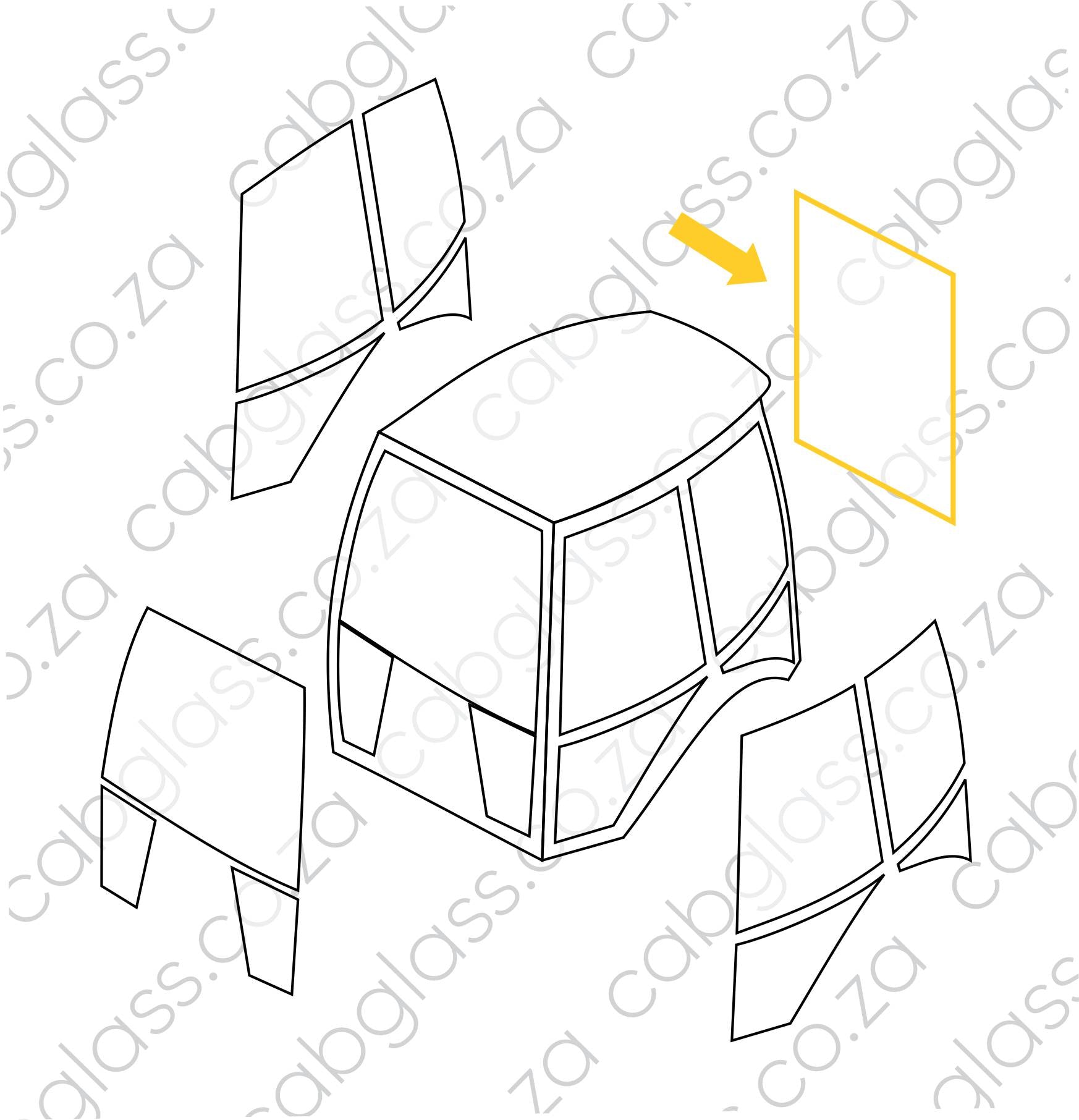 Diagram showing rear upper cab glass position on CAT 422E–444E backhoe cab