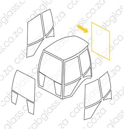 Diagram showing rear upper cab glass position on CAT 422E–444E backhoe cab