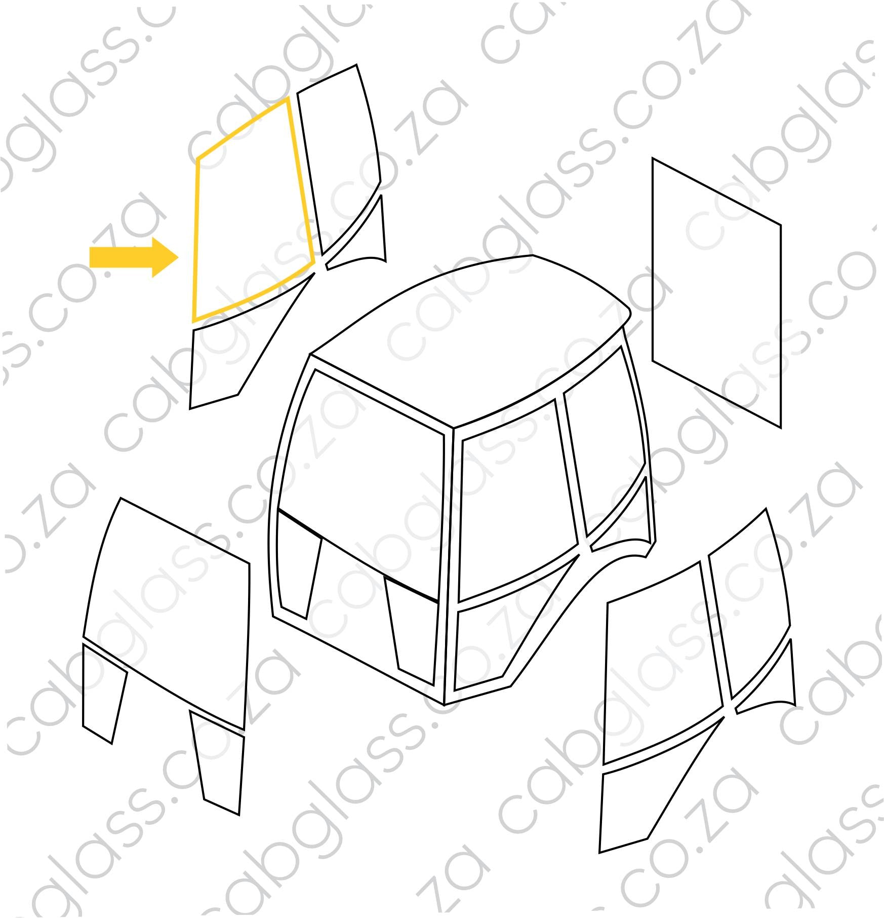 Diagram showing upper right door glass position on Caterpillar backhoe 416E–450F cab