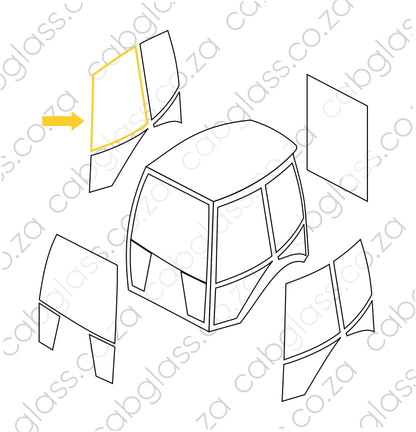 Diagram showing upper right door glass position on Caterpillar backhoe 416E–450F cab